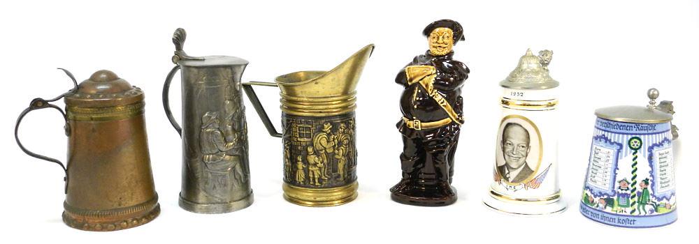 Collection of 6 German Steins/ Pitcher & a Bottle, Tallest 10". (1 of 1)