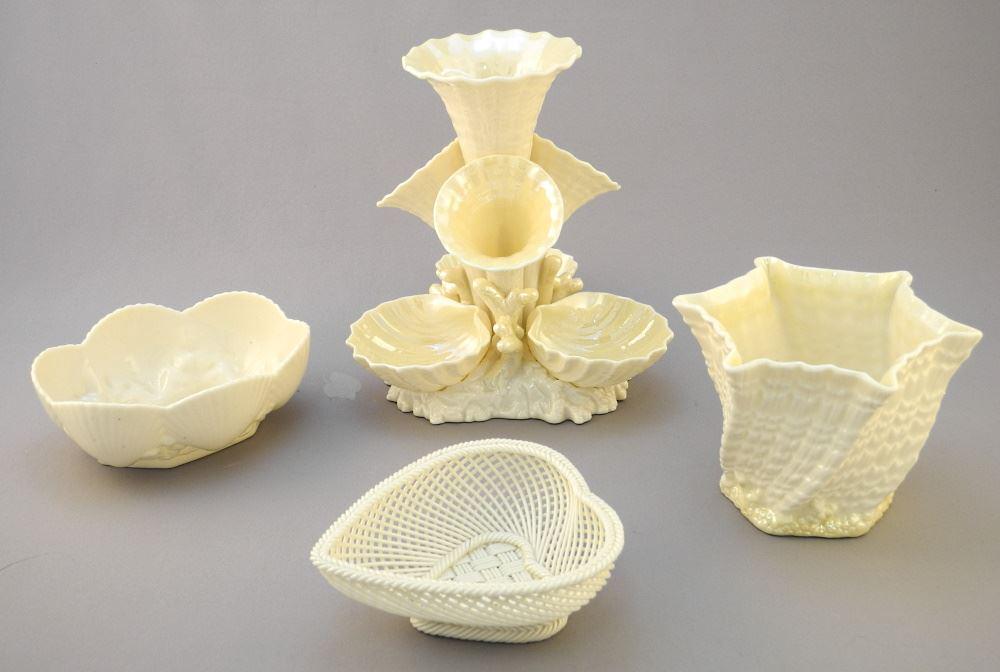 Belleek Trumpet Vase (6 3/4"W) with Heart Basket & 2 Shell Shaped Vase & Dish. (1 of 2)