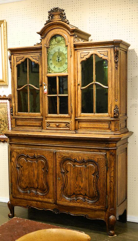 19th Century Carved Oak Cabinet Fitted with a Brass Face Clock, 7'1" High. (1 of 7)