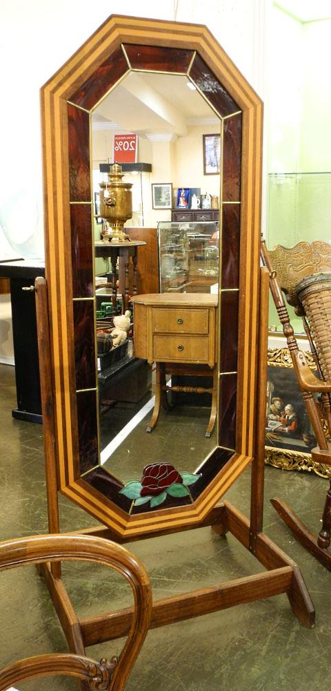 Leaded Glass Cheval Mirror, 62 1/4" High.: Leaded Glass Cheval Mirror, 62 1/4" High.