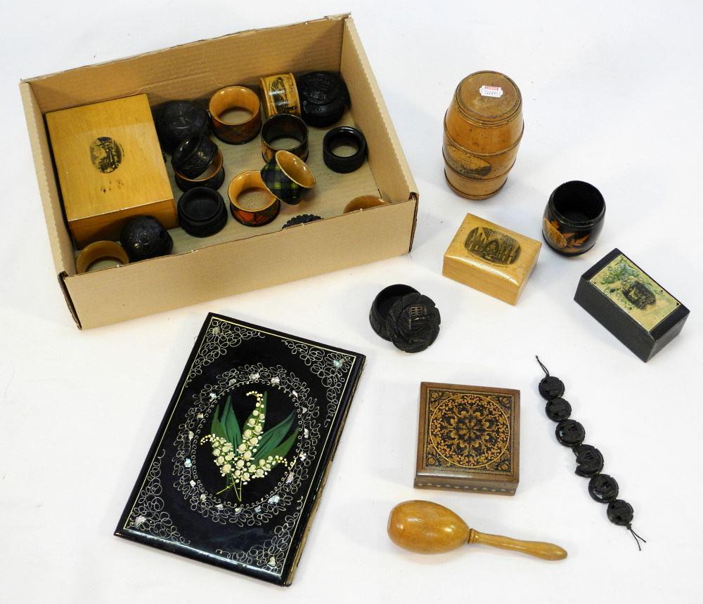 Lot of Mauchline Ware, Treen & Souvenir Boxes and Napkin Rings. (1 of 1)
