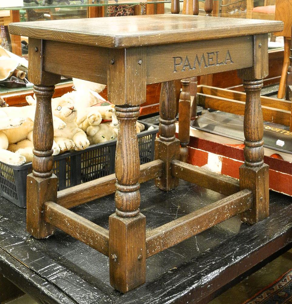 Oak Joint Stool Carved with Names of Pamela & Donald, 16 7/8" Wide. (1 of 1)
