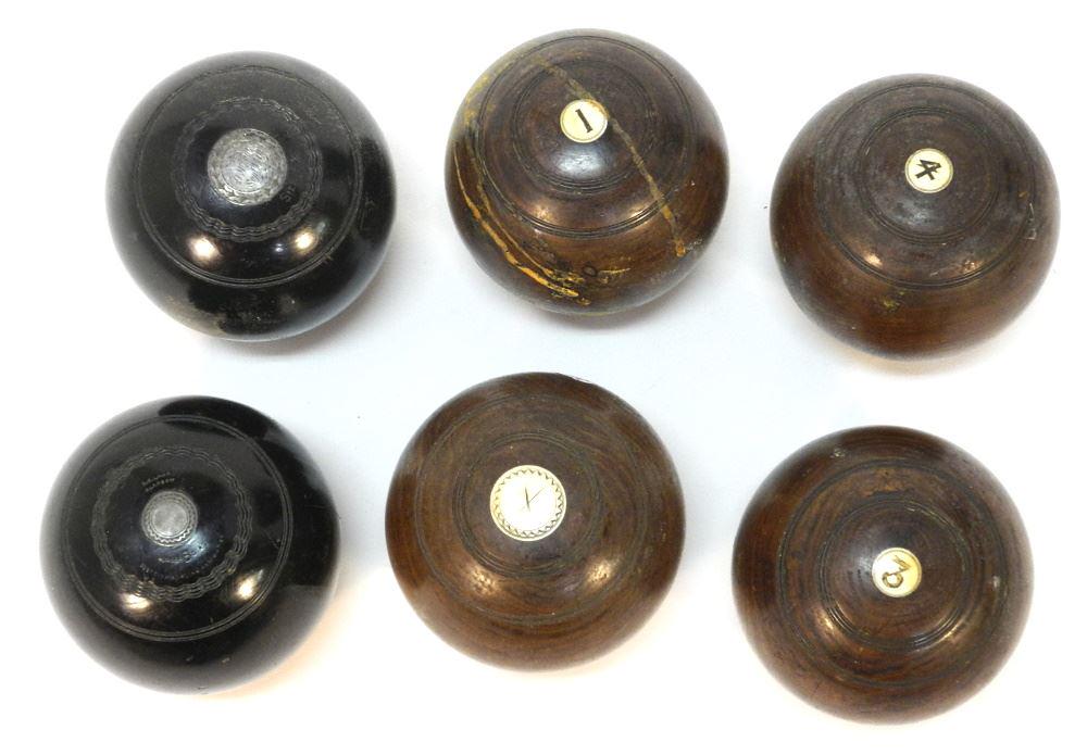 6 Antique Lawn Bowls Inset with Silver & Ivory, No Export, As Found.: 6 Antique Lawn Bowls Inset with Silver & Ivory, No Export, As Found.