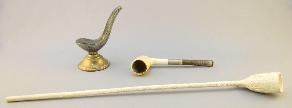2 Dutch Pipes: 1 Meerschaum with Stand/ 1 Clay, 15" Length.: 2 Dutch Pipes: 1 Meerschaum with Stand/ 1 Clay, 15" Length.