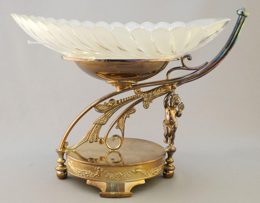 Wilcox Silver Plate Co. Boat-Shaped Crystal Dish on Stand, Chips Noted. (1 of 3)