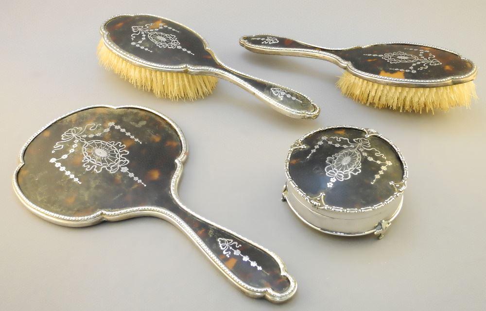 Mappin & Webb 4 Piece Hallmarked Silver & Tortoiseshell Dresser Set, Mirror 10 3/4", TW:722 Gra (1 of 7)
