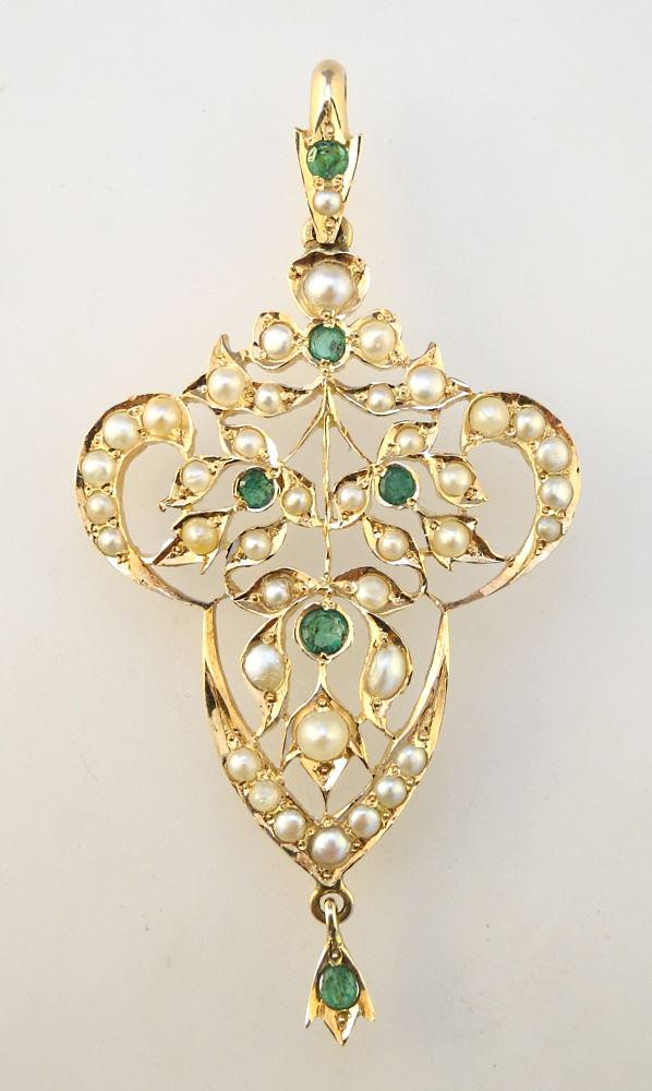 Antique 14K Pendant Set with Emeralds & Pearls. (1 of 2)
