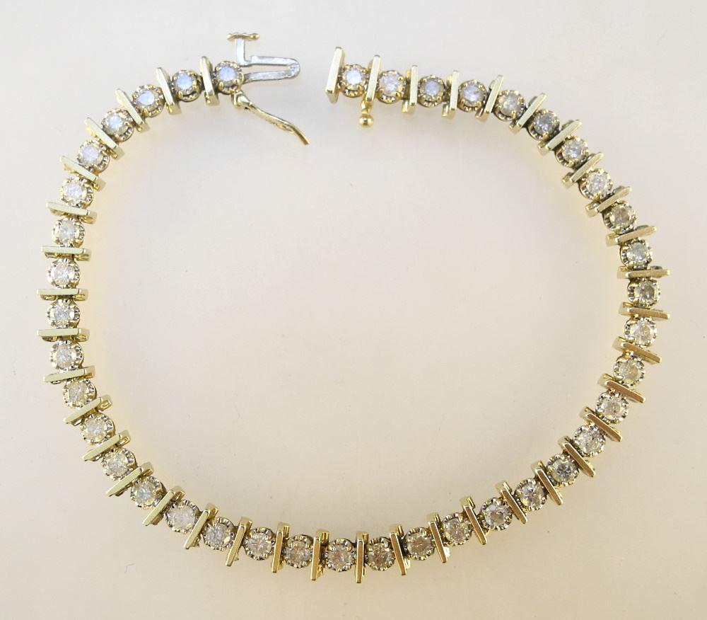 10K (Marked) Gold & Diamond Tennis Bracelet, 7 1/4" Length, TW:11.1 Grams. (1 of 3)
