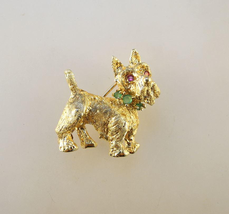 14K (Marked) Yellow Gold Ruby & Emerald "Scottie Dog", TW:3.77 Grams (1 of 3)