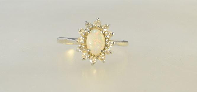 14K (Marked) White Gold Opal & Diamond Ring, Size 7 1/4, TW:2.72 Grams. (1 of 4)