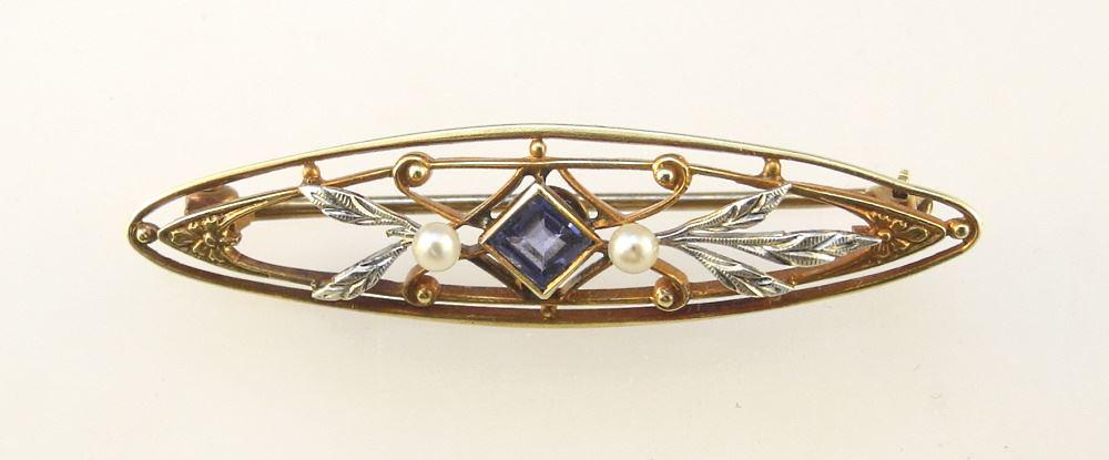 14K Yellow & White Gold (Marked 14K) Seed Pearl & Blue Stone Edwardian Brooch, TW 2.43 Grams (1 of 3)