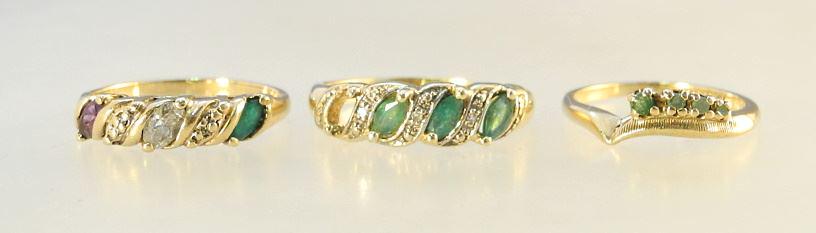 3 10K (Marked) Gold Emerald & Diamond Rings, TW:6.26 Grams, Emerald Missing. (1 of 3)