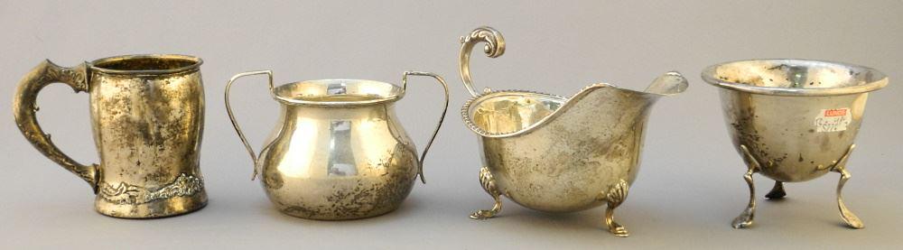 4 Sterling Silver Vessels: Cup/ Handled Cup/ Footed Bowl & Sauce Boat, TW:387 Grams. (1 of 2)