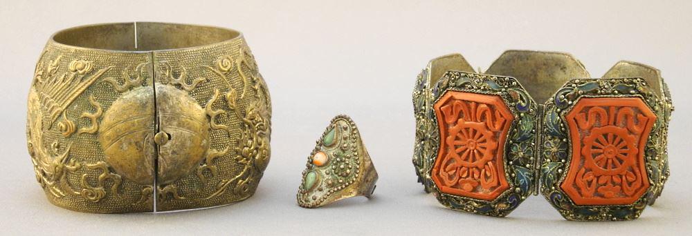 3 Pieces of Chinese Jewellery: Panel Bracelet, Hinged Cuff & Ring, All Marked China. (1 of 2)