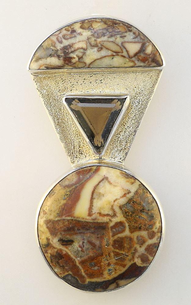Vintage 1980's Silver, Agate & Smokey Topaz Pendant, 3 1/4" x 1 5/8". (1 of 2)
