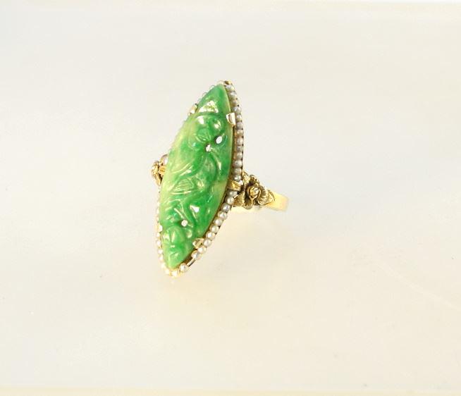 Vintage Birks 14K Yellow Gold Seed Pearl & Carved Jade Ring, Size 6 3/4 TW:4.40 Grams (1 of 4)