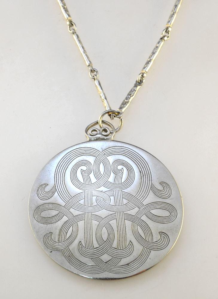 Mid-Century Large Pendant with Ornate Chain, 2 1/4" x 2 1/2", Chain 37". (1 of 2)