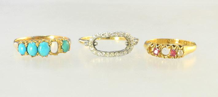 3 Unmarked Gold Rings: Turquoise/ Sapphire/ Diamond, All As Found, TW:6 Grams. (1 of 2)