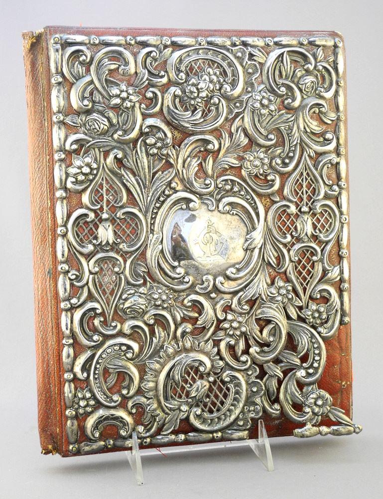 Embossed Hallmarked Sterling Silver Ledger with Fragment Inside, 12" x 9 1/4", As Found.: Embossed Hallmarked Sterling Silver Ledger with Fragment Inside, 12" x 9 1/4", As Found.