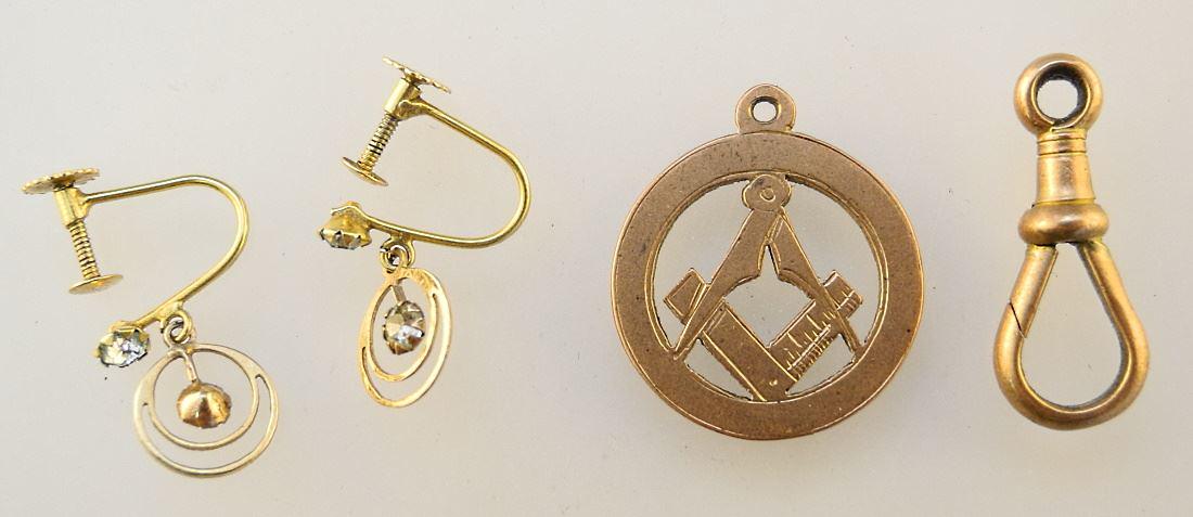 Pair of 9K Gold Screw Back Earrings/ 9K Masonic Fob & an Unmarked Watch Chain Clasp.: Pair of 9K Gold Screw Back Earrings/ 9K Masonic Fob & an Unmarked Watch Chain Clasp.