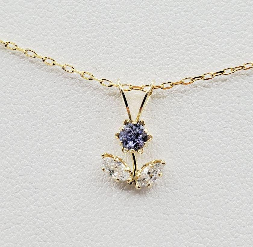 14K Yellow Gold / Tanzanite & CZ Floral Pendant with Sterling Silver Chain. (1 of 3)