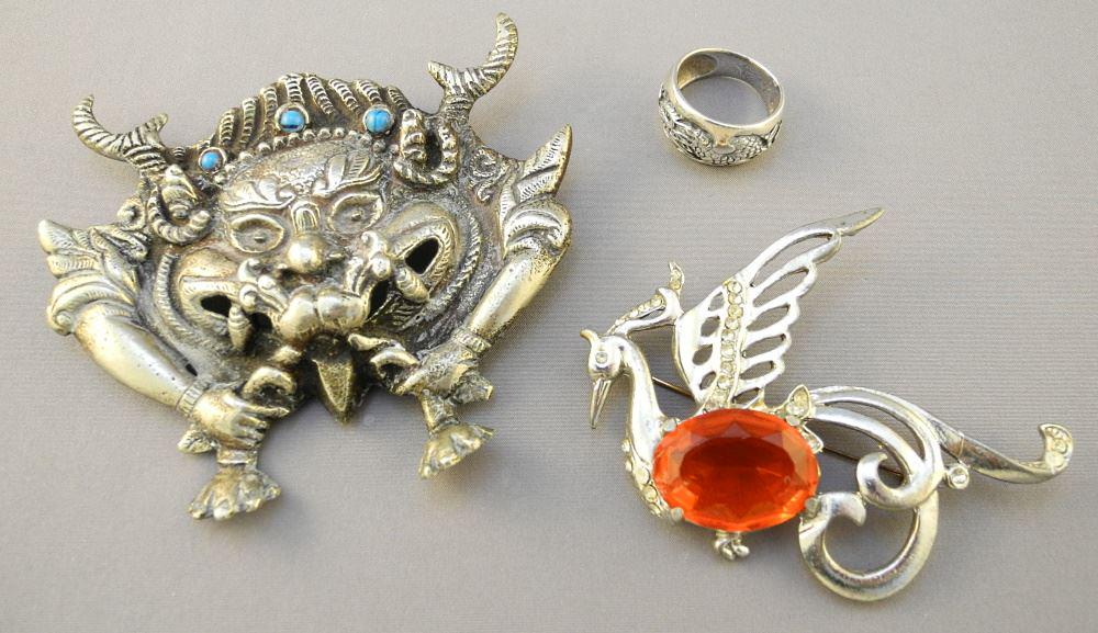 Vintage Sterling Dragon Ring/ Griffin Brooch & Monster Pendant, Ring Size 8. (1 of 1)