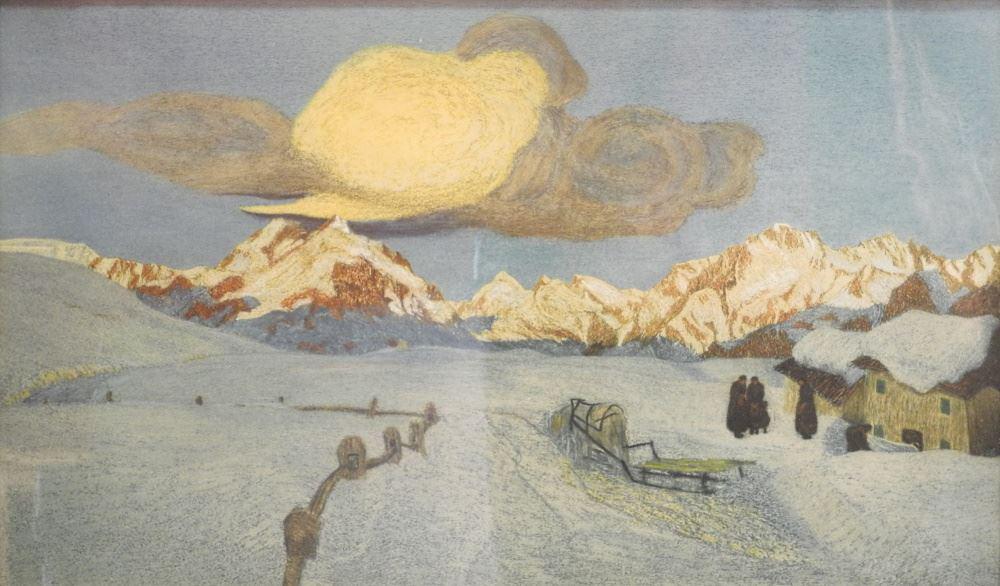 Unsigned Lithograph, 16 1/4" x 27 3/4", "Northern Land- scape with Sled". (1 of 2)