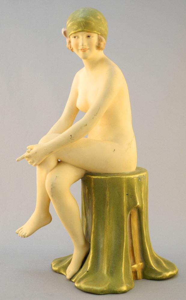 Royal Dux Figure of a Seated Nude, Impressed 2998, 10 7/8" High, Left Finger Missing.: Royal Dux Figure of a Seated Nude, Impressed 2998, 10 7/8" High, Left Finger Missing.