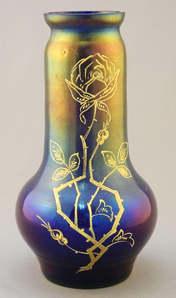 Loetz-Style Iridescent Glass Vase with Rose Enameling, 8 5/8" High, Rim Nibbled. (1 of 2)