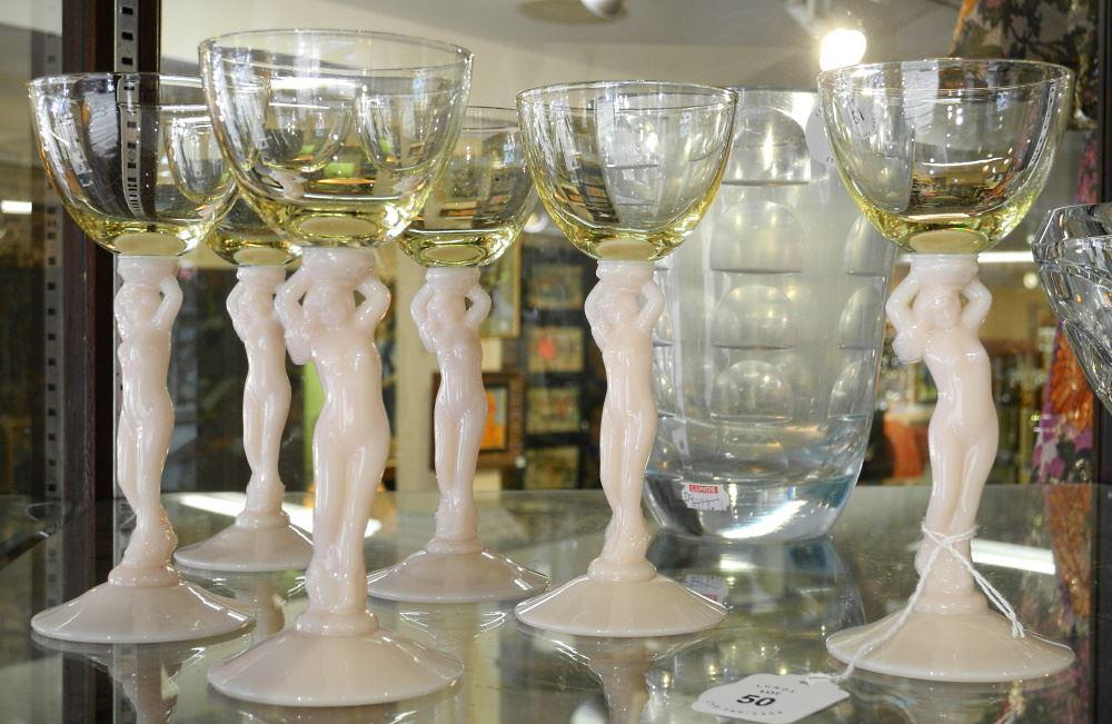 Set of 6 American Cambridge Glass Nude Yellow & Pink Wine Glasses, 6 3/8" High.: Set of 6 American Cambridge Glass Nude Yellow & Pink Wine Glasses, 6 3/8" High.
