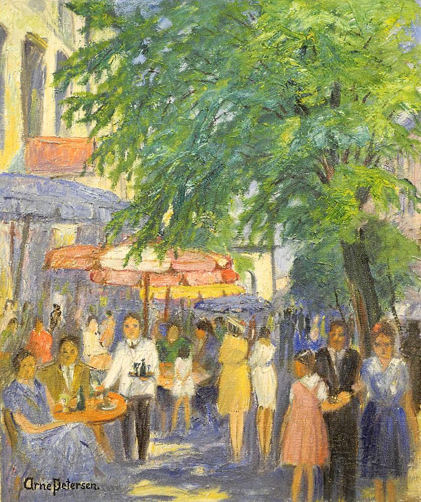 Oil on Linen Signed Arne Petersen, 27 1/2" x 24", "Cafe Scene".: Oil on Linen Signed Arne Petersen, 27 1/2" x 24", "Cafe Scene".
