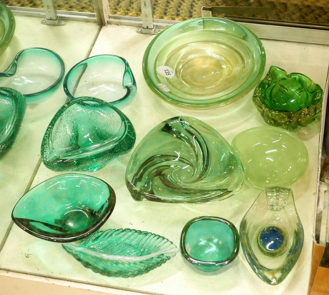 Collection of 10 Green Art Glass Ashtrays & Bowls, Largest 8 1/2"W. - (1 of 1)