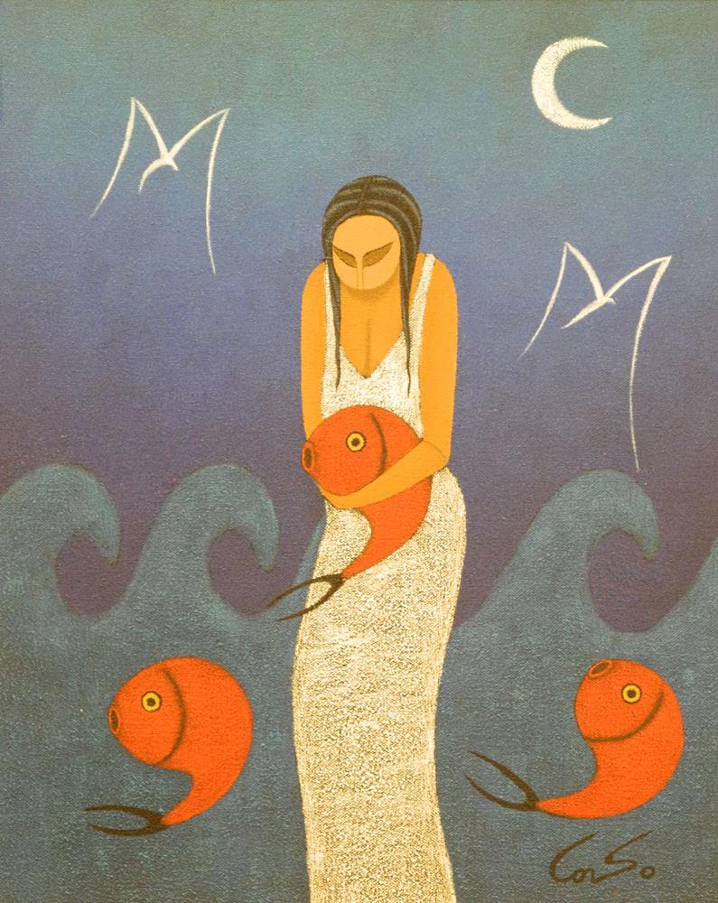 Acrylic on Canvas Signed Corso, 19 1/2" x 15 1/2", "Women with Fish" (1 of 4)