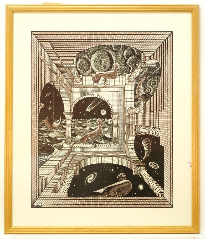 Serigraph Monogrammed & Dated After Maurits Cornelis Escher, 24 3/4" x 20 1/4", "Another World". (1 of 2)