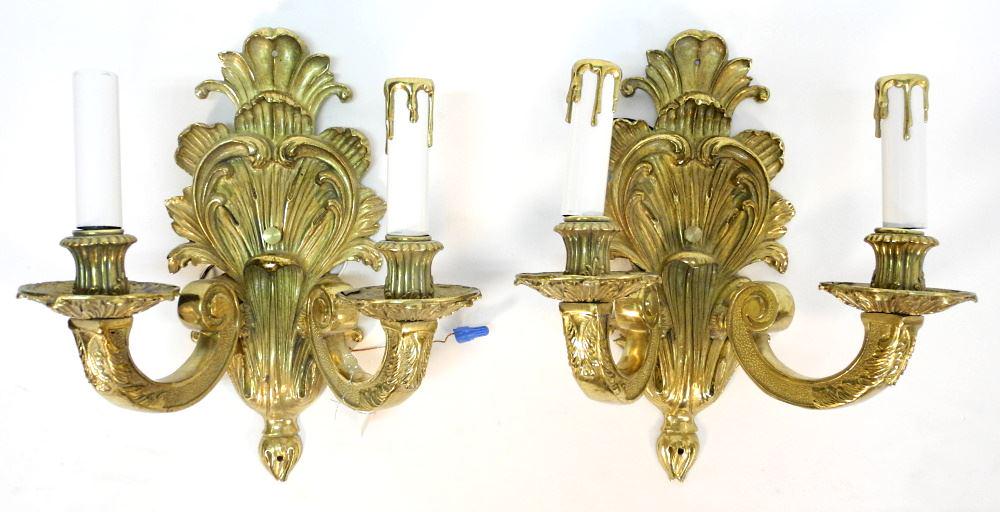 Pair of Acanthus Motif Brass Wall Sconces, 14 3/4" High. (1 of 4)