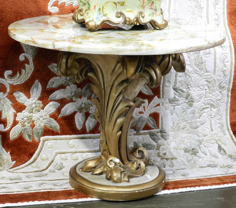 Gilt Cast Plaster Onyx Top Occasional Table, 26" Diameter, Chip Noted. (1 of 2)