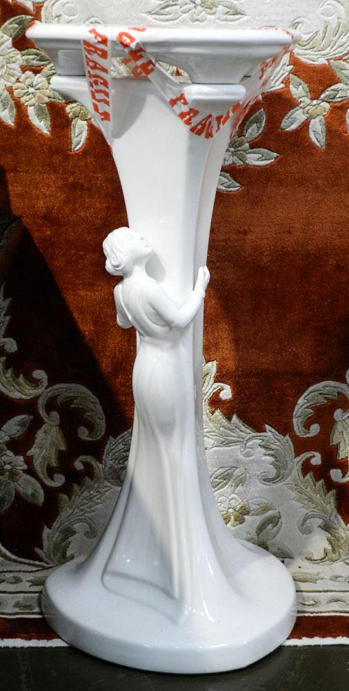 White Glazed Ceramic Figural Column, 34 1/2" (2 Pieces). (1 of 2)