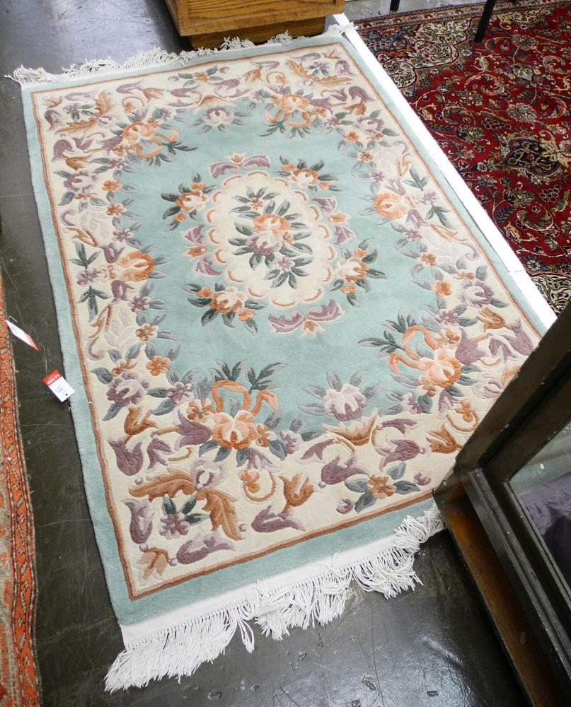 Aqua Chinese Sculpted Wool Carpet, Approximately 6'10" x 4', Recently Cleaned. (1 of 3)