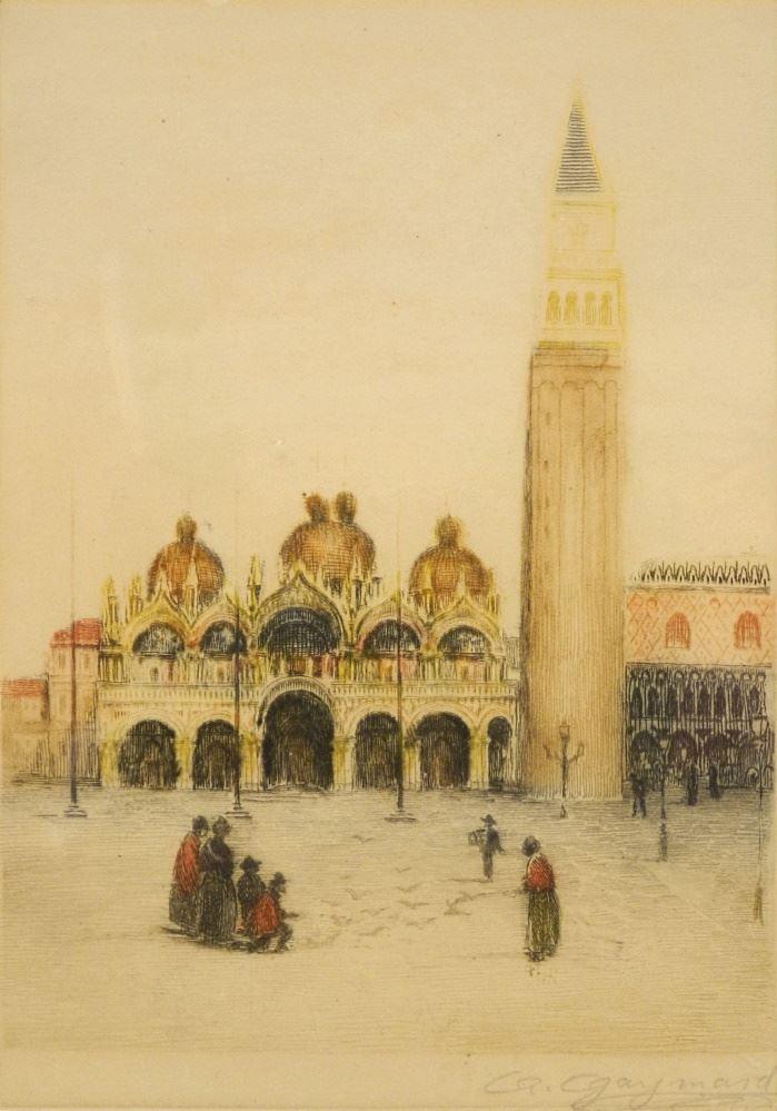 Coloured Etching Signed A.(Antoine) Gaymard, Plate 7" x 5", "St. Mark's Square". (1 of 3)