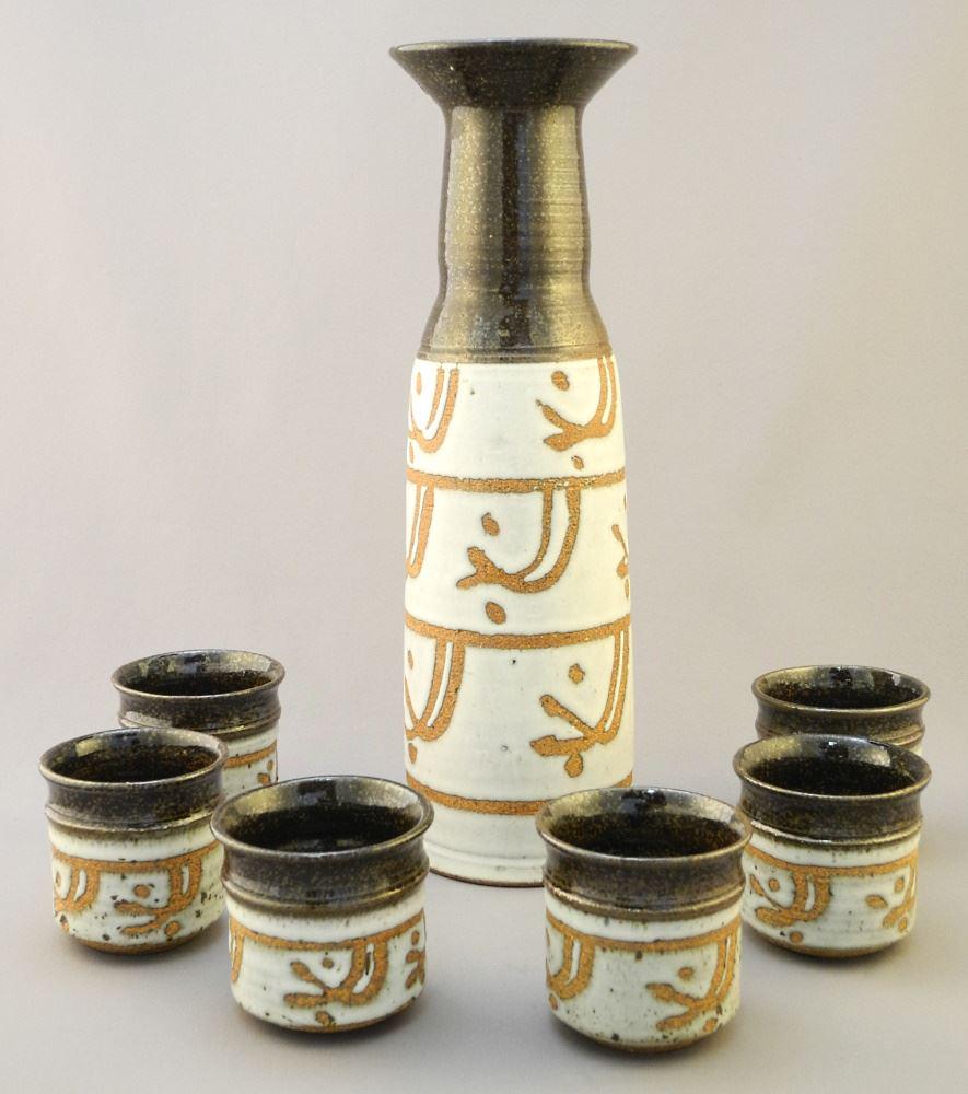 Art Pottery Ceramic Sake Set Signed By Ted Diakow (Alberta 1938). (1 of 6)