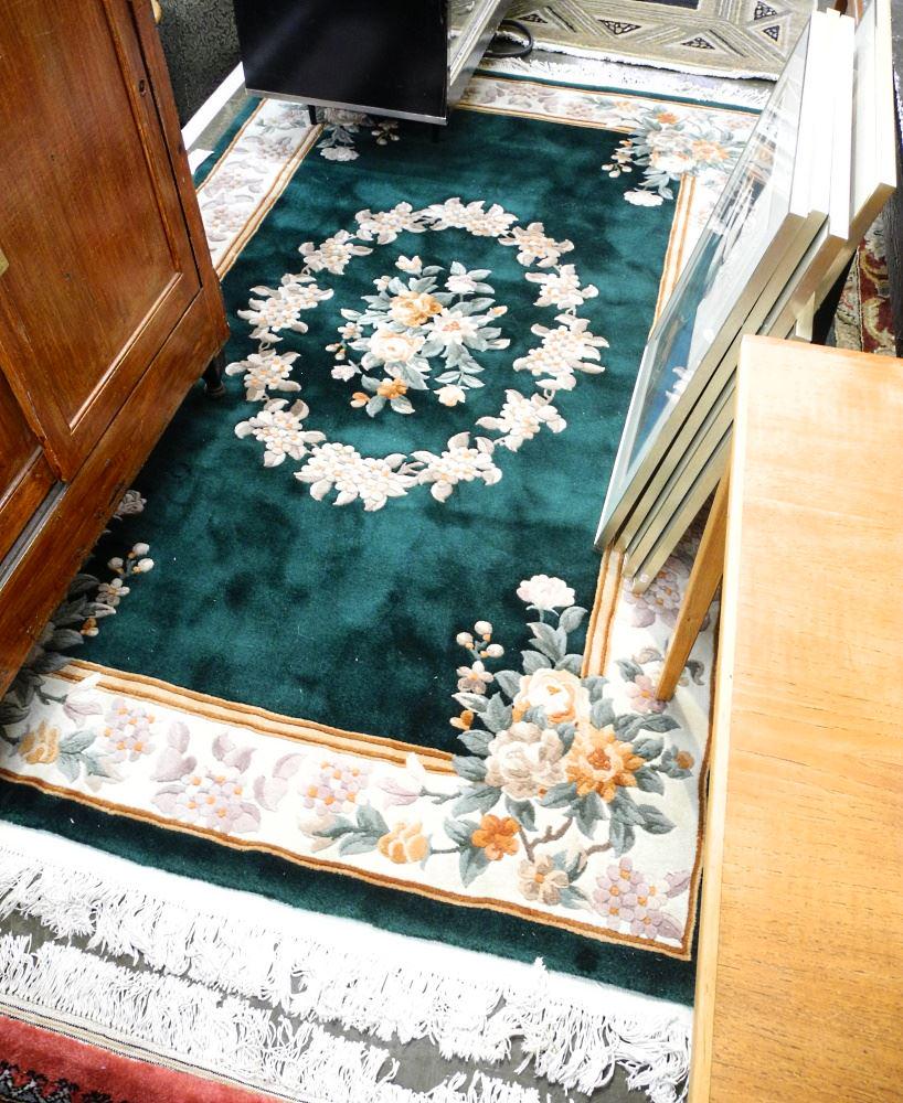 Green Chinese Sculpted Wool Carpet, Approximately 5' x 9', Recently Cleaned. (1 of 4)