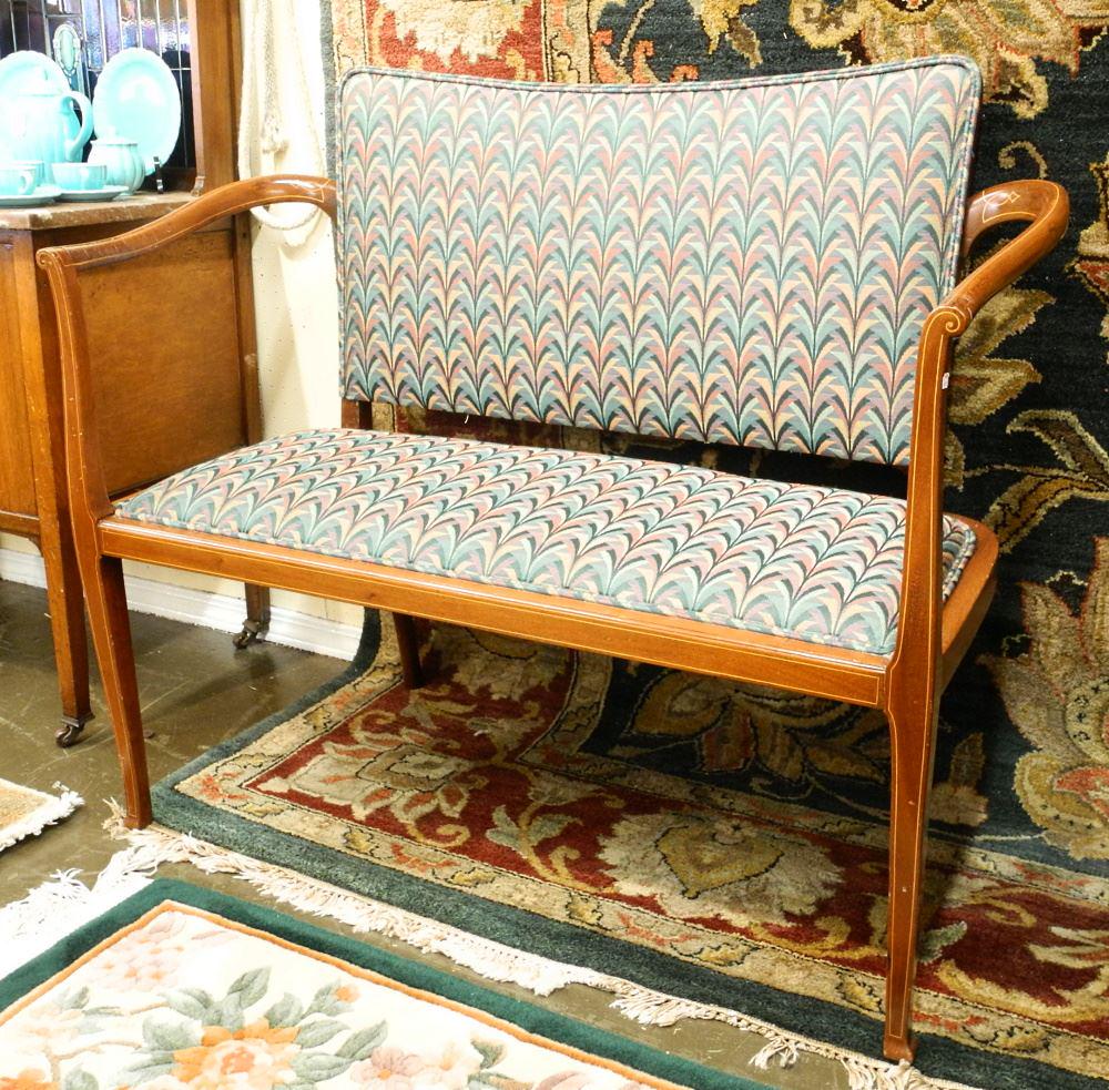Petite Inlaid Mahogany Settee with Later Upholstery.: Petite Inlaid Mahogany Settee with Later Upholstery.