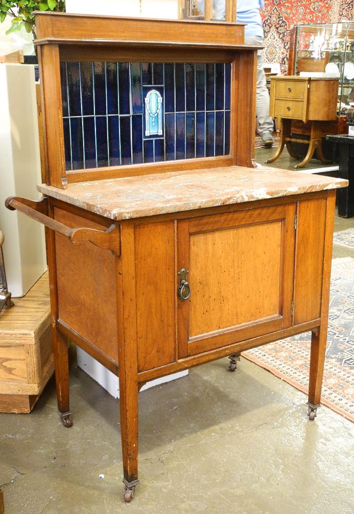 Wash Stand with Red Marble Top & Tile Back Splash, 47 1/2" High, Loose Tiles Noted. (1 of 4)