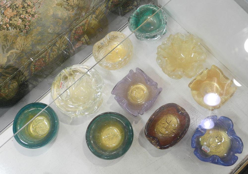 Collestion of 10 Art Glass Ashtrays, Largest 5 1/2" Diameter.: Collestion of 10 Art Glass Ashtrays, Largest 5 1/2" Diameter.