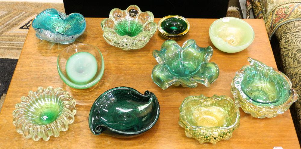 Collection of 10 Green Art Glass Bowls & Ashtrays, Largest 6"L. (1 of 1)