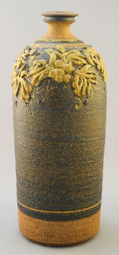Stoneware Bottle Vase with Applied Ornament Signed (Ed) Drahanchuk, 10 3/4" High. (1 of 3)