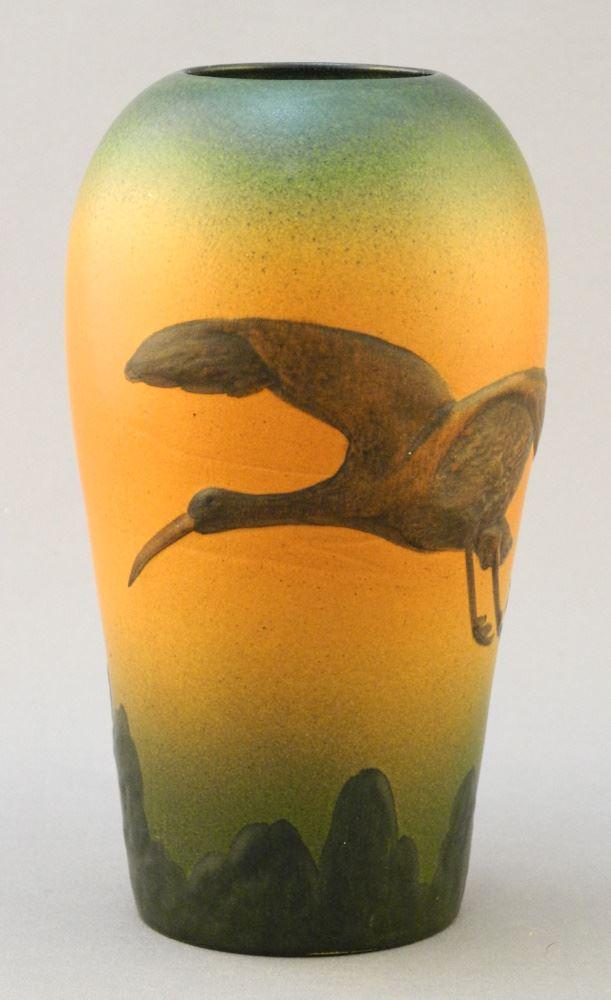 Relief Pottery "Cranes" Vase with Impressed Mark, 5 3/4" High.: Relief Pottery "Cranes" Vase with Impressed Mark, 5 3/4" High.