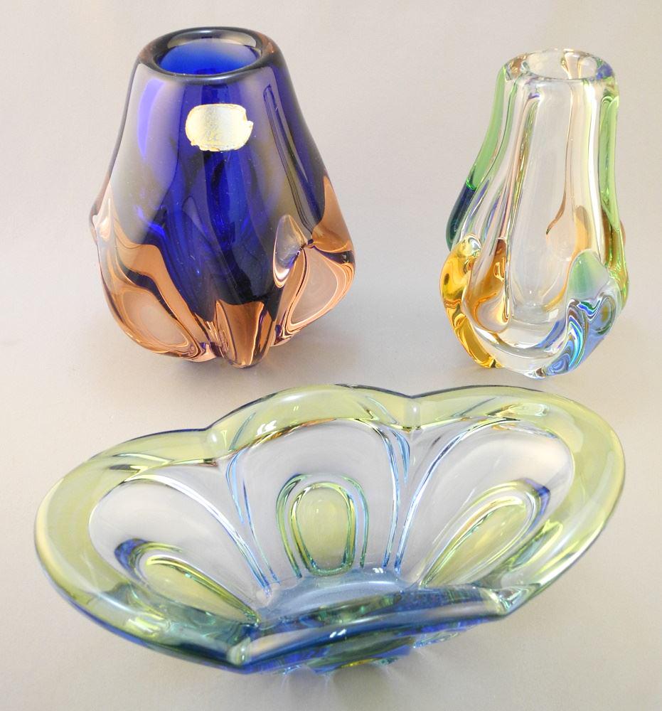 3 Heavy Art Glass Vases, 1 With "Bohemia" Foil Label, Largest 9 1/2": 3 Heavy Art Glass Vases, 1 With "Bohemia" Foil Label, Largest 9 1/2"