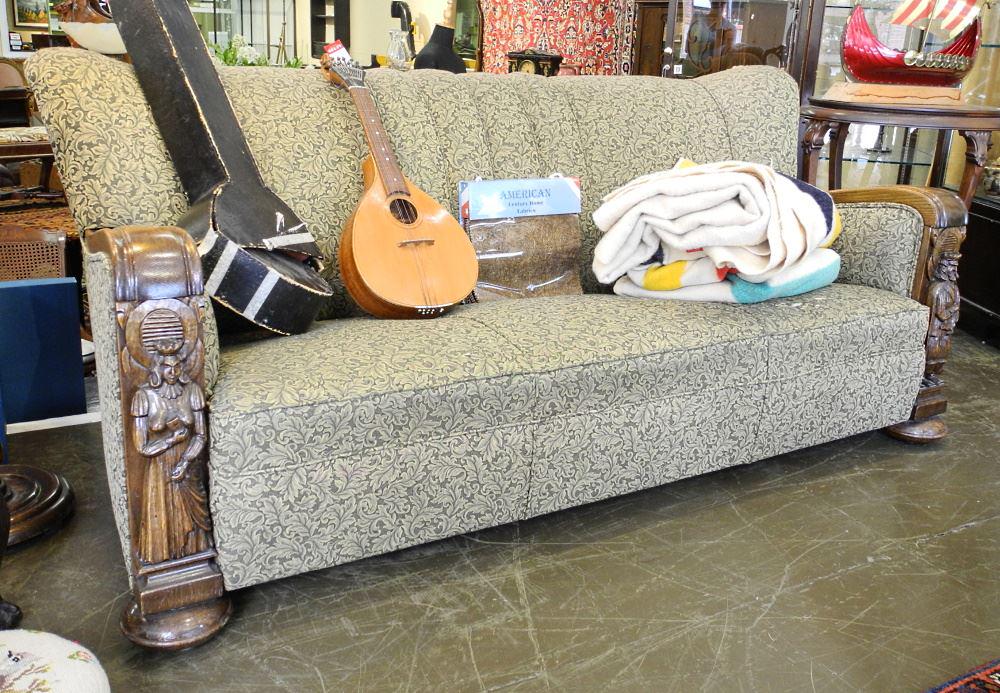 3 Pieces of Continental Oak Sofa Suite with Medieval Figural Pilaster & Fabric Swatch Book. (1 of 5)
