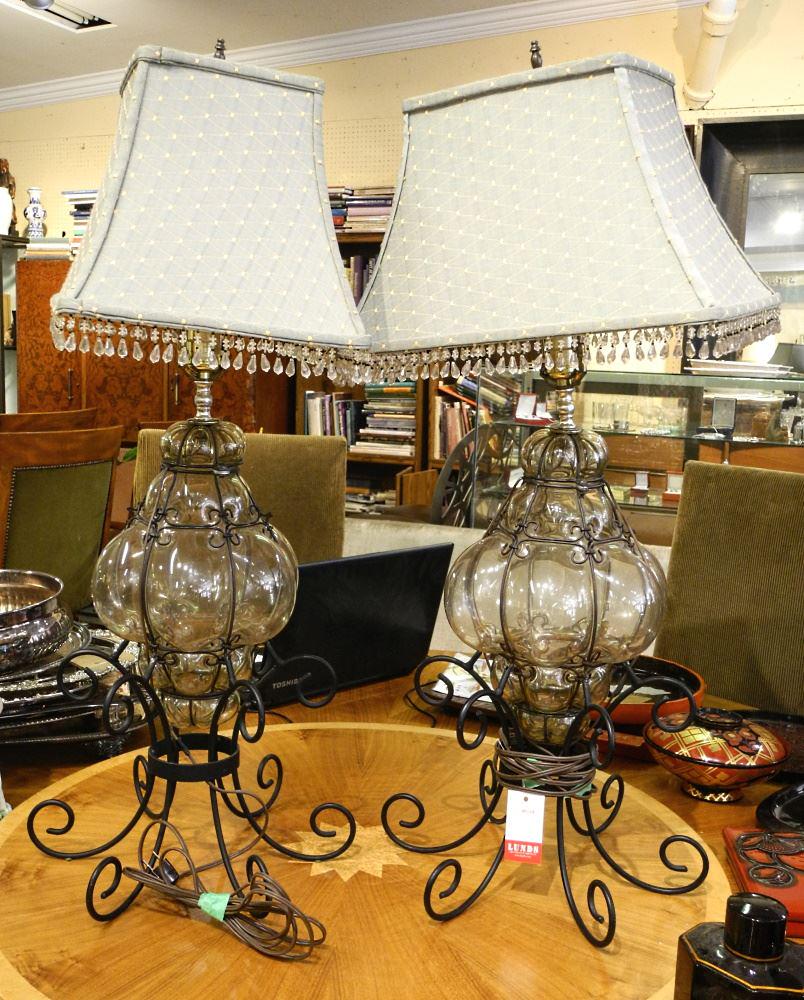 Pair of Lamps with Glass Bases, 34" High.: Pair of Lamps with Glass Bases, 34" High.